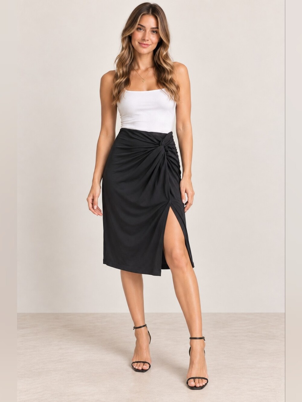 Dynamite Black Knotted Midi Skirt Side Slit